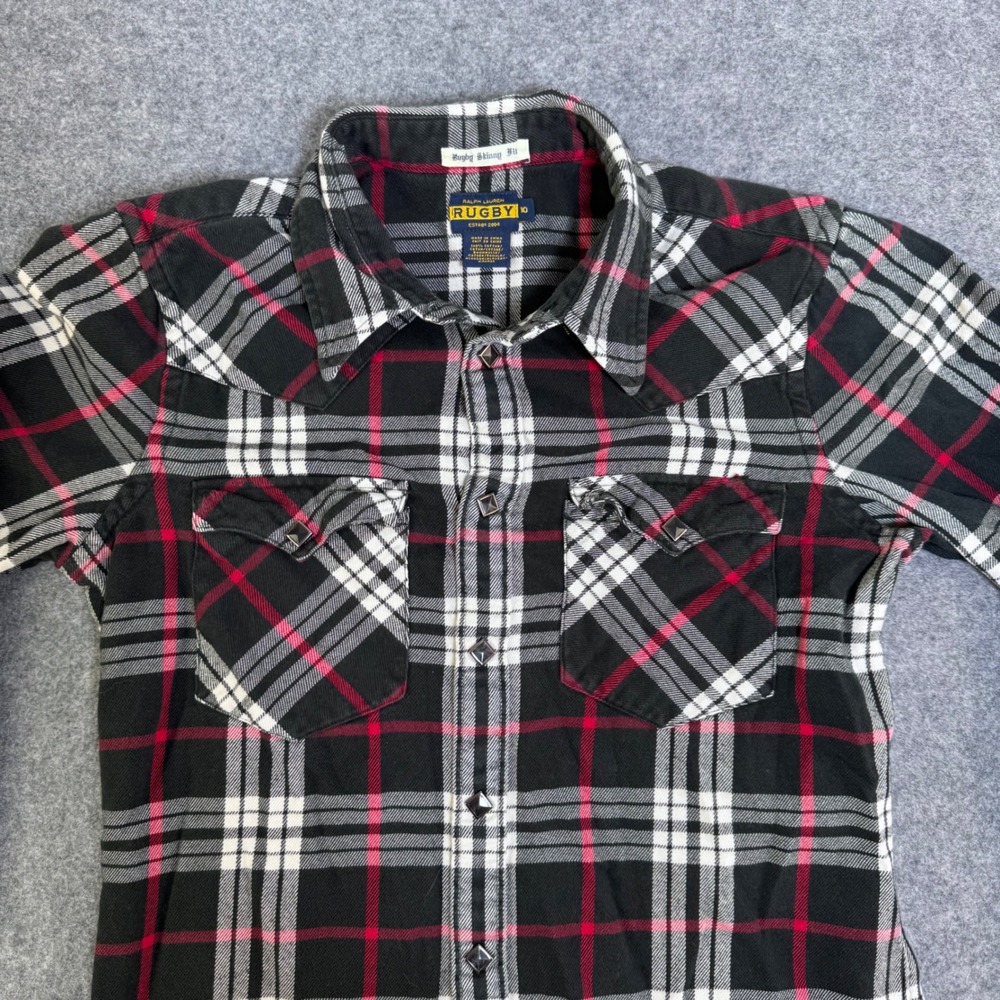 Ralph Lauren Rugby Womens Skinny Fit Plaid Flannel Studded Western Shirt Black - Picture 3 of 8